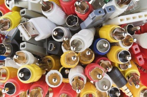 A close-up image of a large collection of various electrical and electronic waste plugs and connectors, including white, black, yellow, and red plastic casings with different shapes and sizes, such as USB adapters, power adapters, and audio connectors. The objects are clustered together, seen from above, with some showing metal prongs or contact points. The surfaces of these waste items have a smooth and slightly reflective finish, with some parts displaying slight wear or marks. The background appears to be a neutral surface, possibly inside a recycling or waste collection environment, emphasizing the diverse range of discarded electronic connectors that might be handled by rubbish removal services like Business Waste Removal St Johns Wood, based near postcode NW8 or NW3, serving local areas in St Johns Wood and surrounding districts.